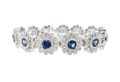 9.5 Carat Total Sri Lanka Sapphire And Diamond Flower Bracelet In 18k White Gold