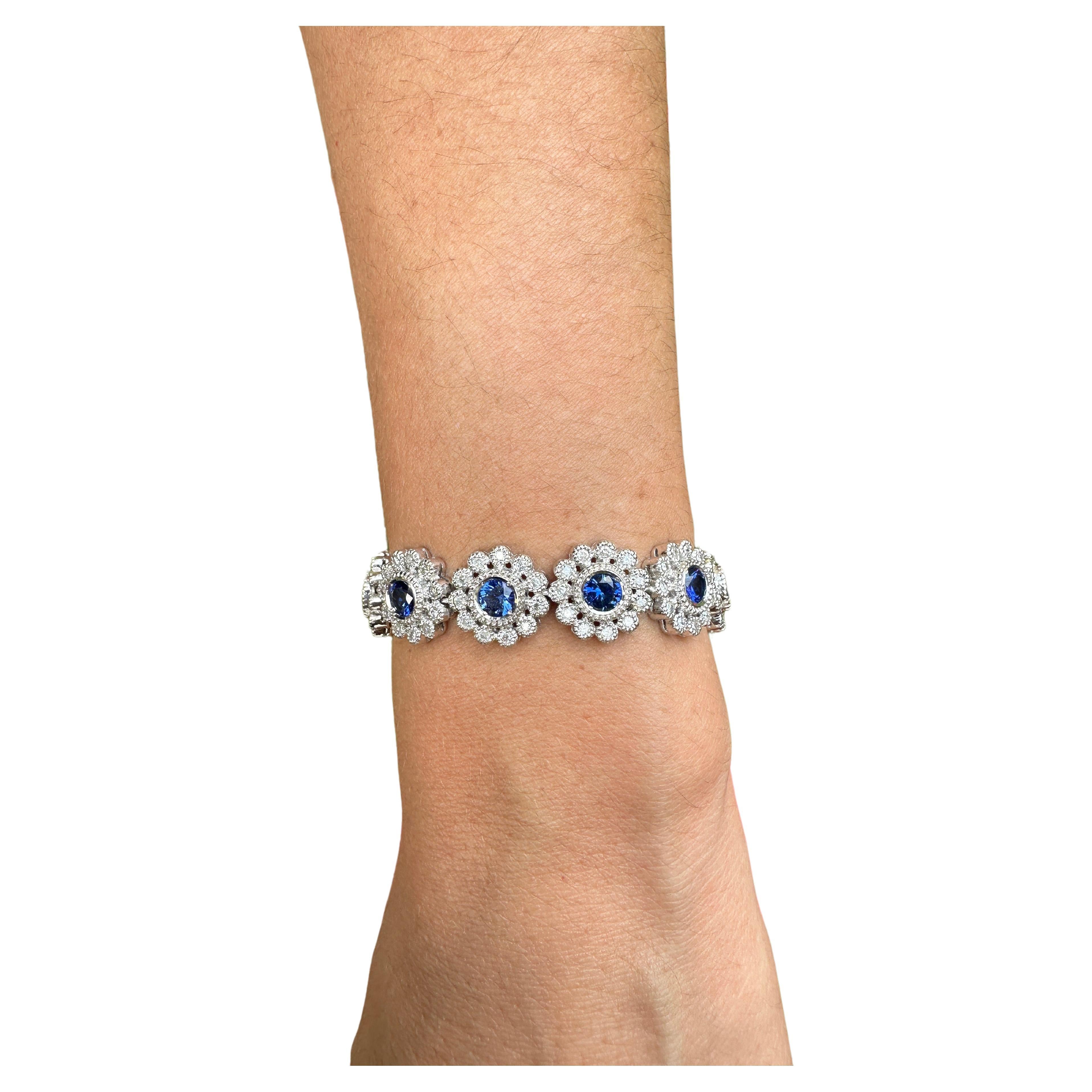 9.5 Carat Total Sri Lanka Sapphire And Diamond Flower Bracelet In 18k White Gold For Sale