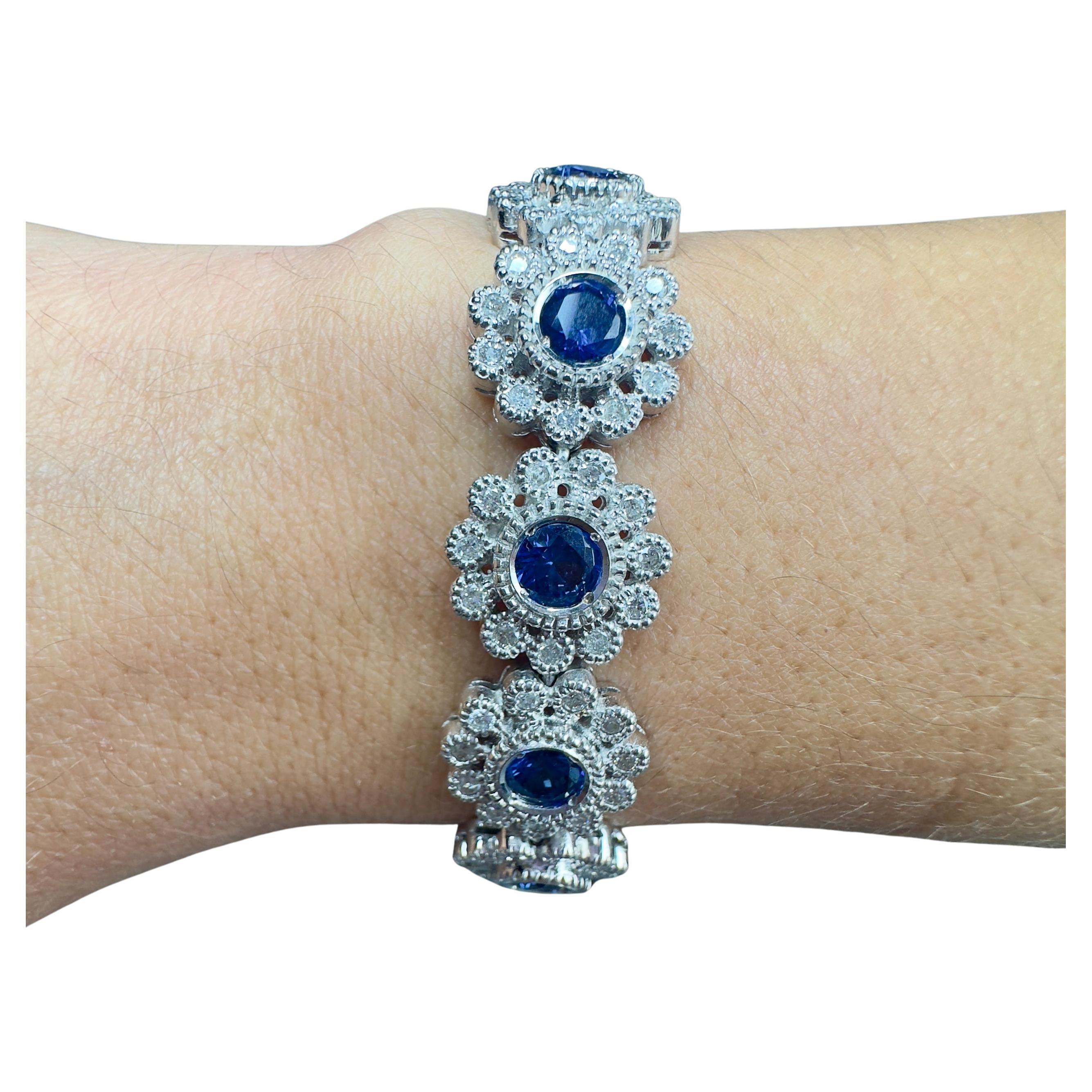 9.5 Carat Total Sri Lanka Sapphire And Diamond Flower Bracelet In 18k White Gold