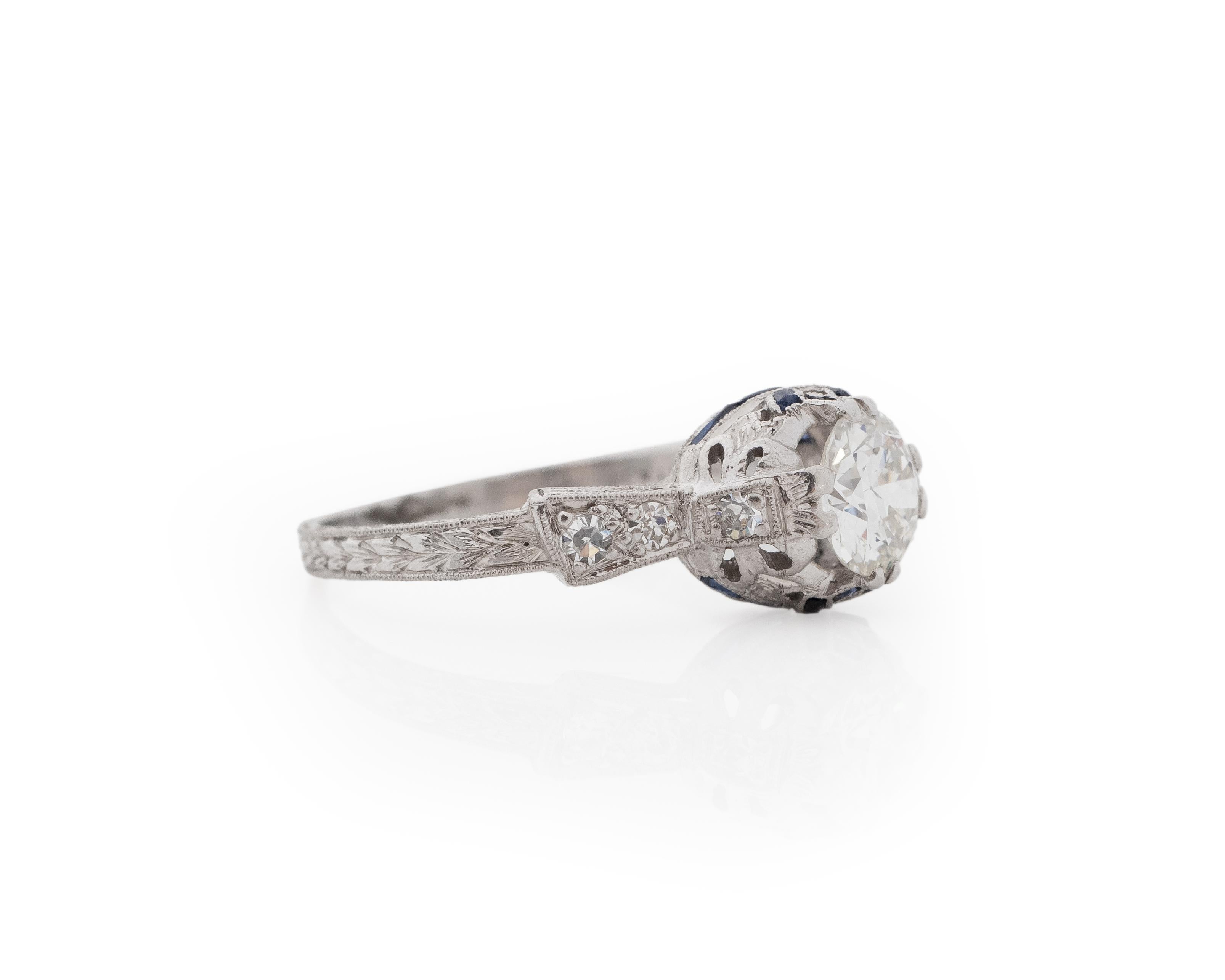 Year: 1920s

Item Details:
Ring Size: 7.25
Metal Type: Platinum [Hallmarked, and Tested]
Weight: 3.7 grams

Center Diamond Details:
Weight: .95ct total weight
Cut: Old European brilliant
Color: G
Clarity: VS
Type: Natural

Side Diamond Details: