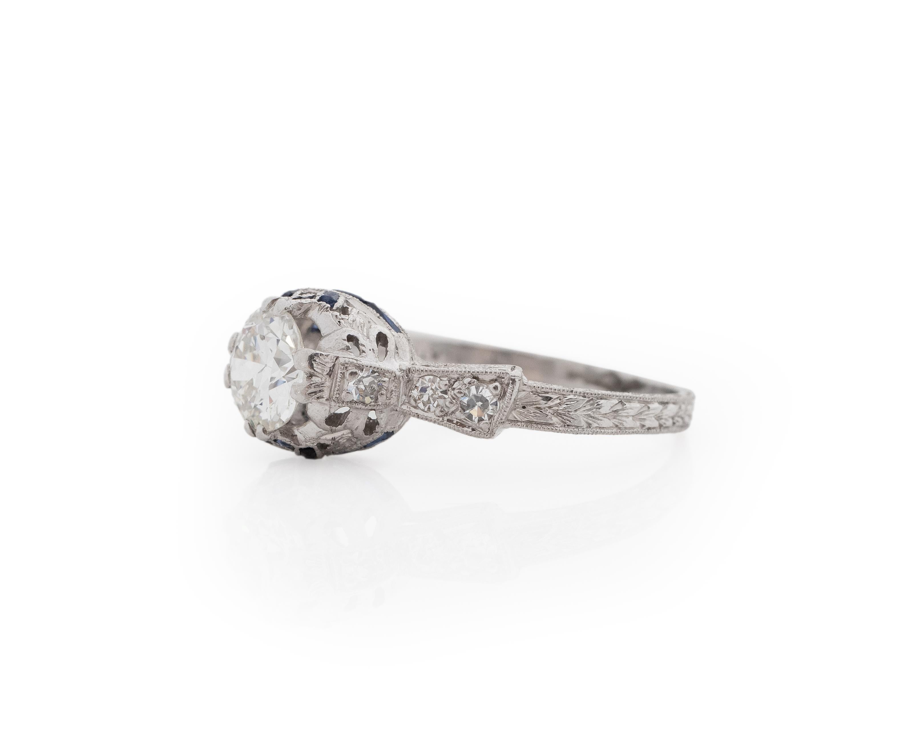 Old European Cut .95 Carat Total Weight Art Deco Diamond Platinum Engagement Ring For Sale
