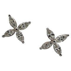 .95 CTW Marquise Diamond Floral 18 Karat White Gold Stud Earrings New