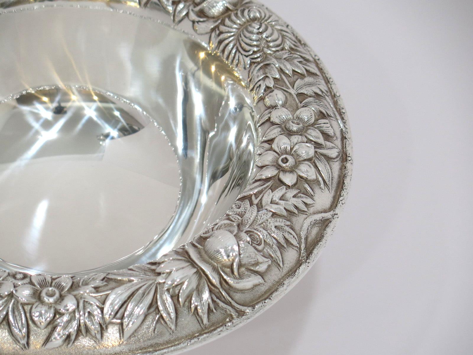 American Sterling Silver S. Kirk & Son Vintage Floral Repousse Footed Serving Bowl For Sale