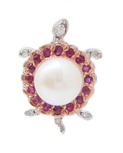 9.5 Mm Pearls, Rubies, Diamonds, Rose Gold and Silver Turtle Earrings.
