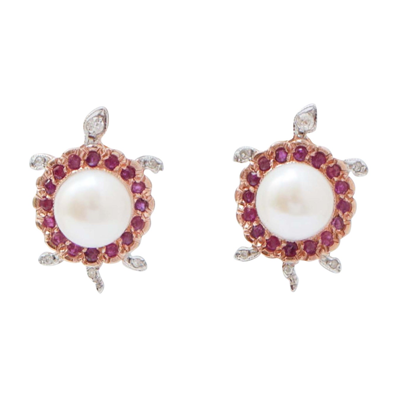 9.5 Mm Pearls, Rubies, Diamonds, Rose Gold and Silver Turtle Earrings.