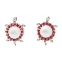 9.5 Mm Pearls, Rubies, Diamonds, Rose Gold and Silver Turtle Earrings.