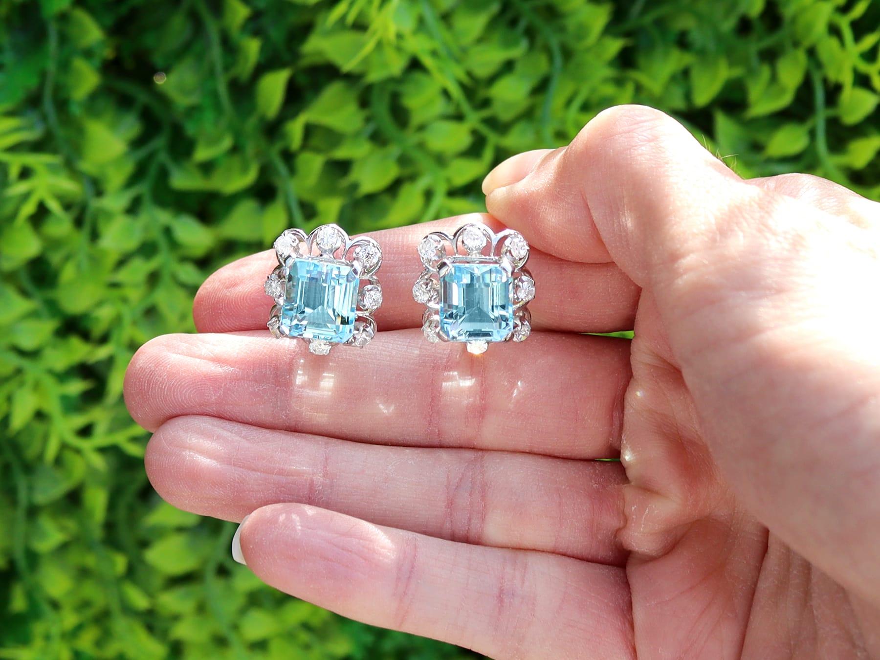 A fine and impressive pair of vintage 9.50 carat emerald cut aquamarine, 0.80 carat diamond and 18 karat white gold earrings; part of our diverse vintage aquamarine jewelry collections.

These fine and impressive vintage aquamarine earrings have