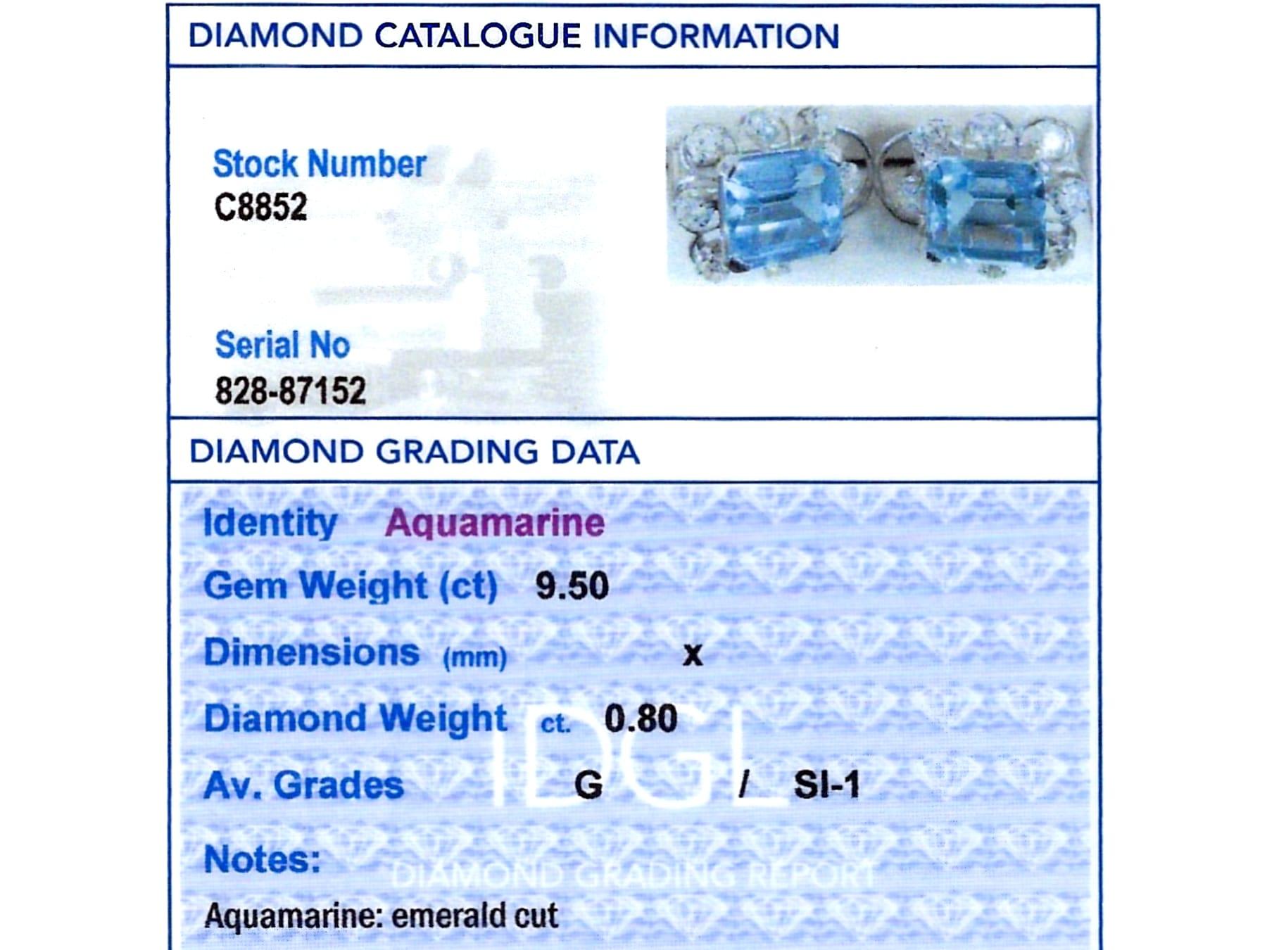9.50 Carat Aquamarine 0.80 Carat Diamond 18 Karat White Gold Earrings Circa 1950 For Sale 3