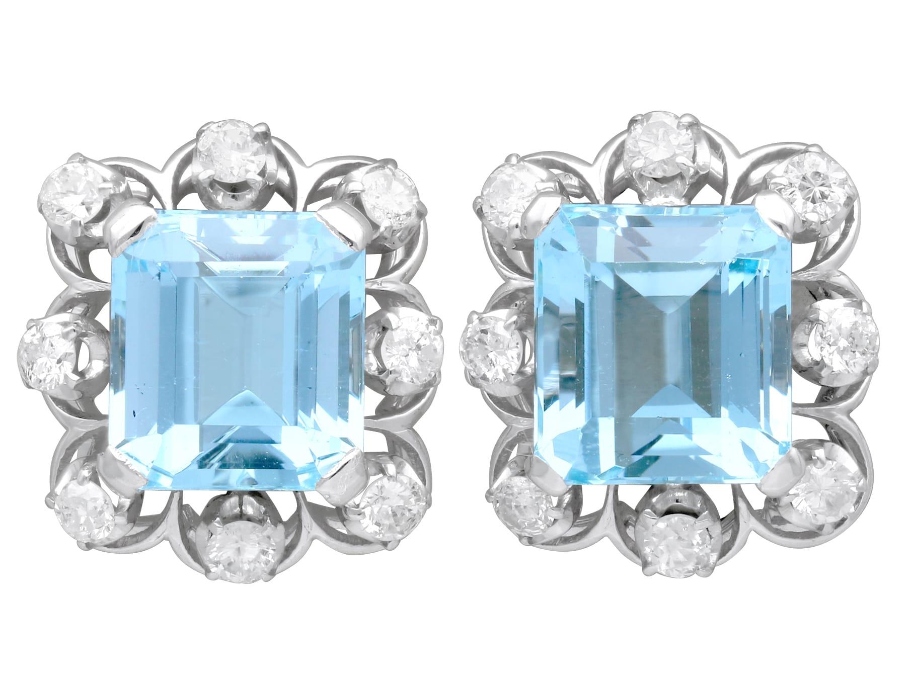 9.50 Carat Aquamarine 0.80 Carat Diamond 18 Karat White Gold Earrings Circa 1950 For Sale