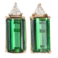 9.50 Carat Emerald Step Cut Green Tourmaline Diamond Gold Earrings