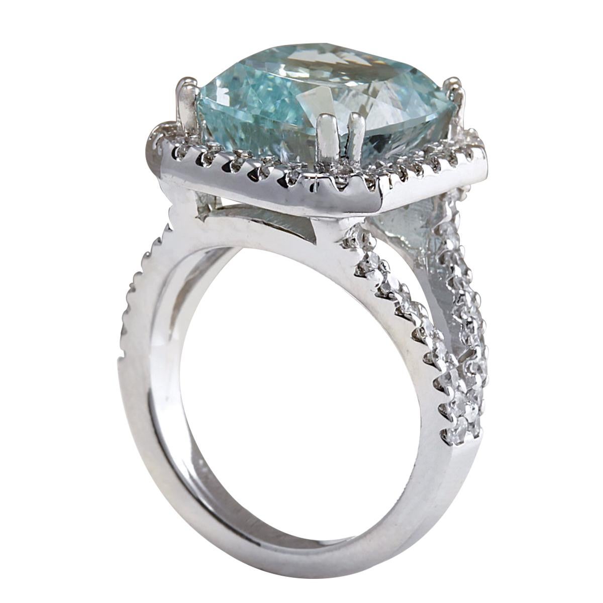 Cushion Cut Natural Aquamarine Diamond Ring In 14 Karat White Gold  For Sale