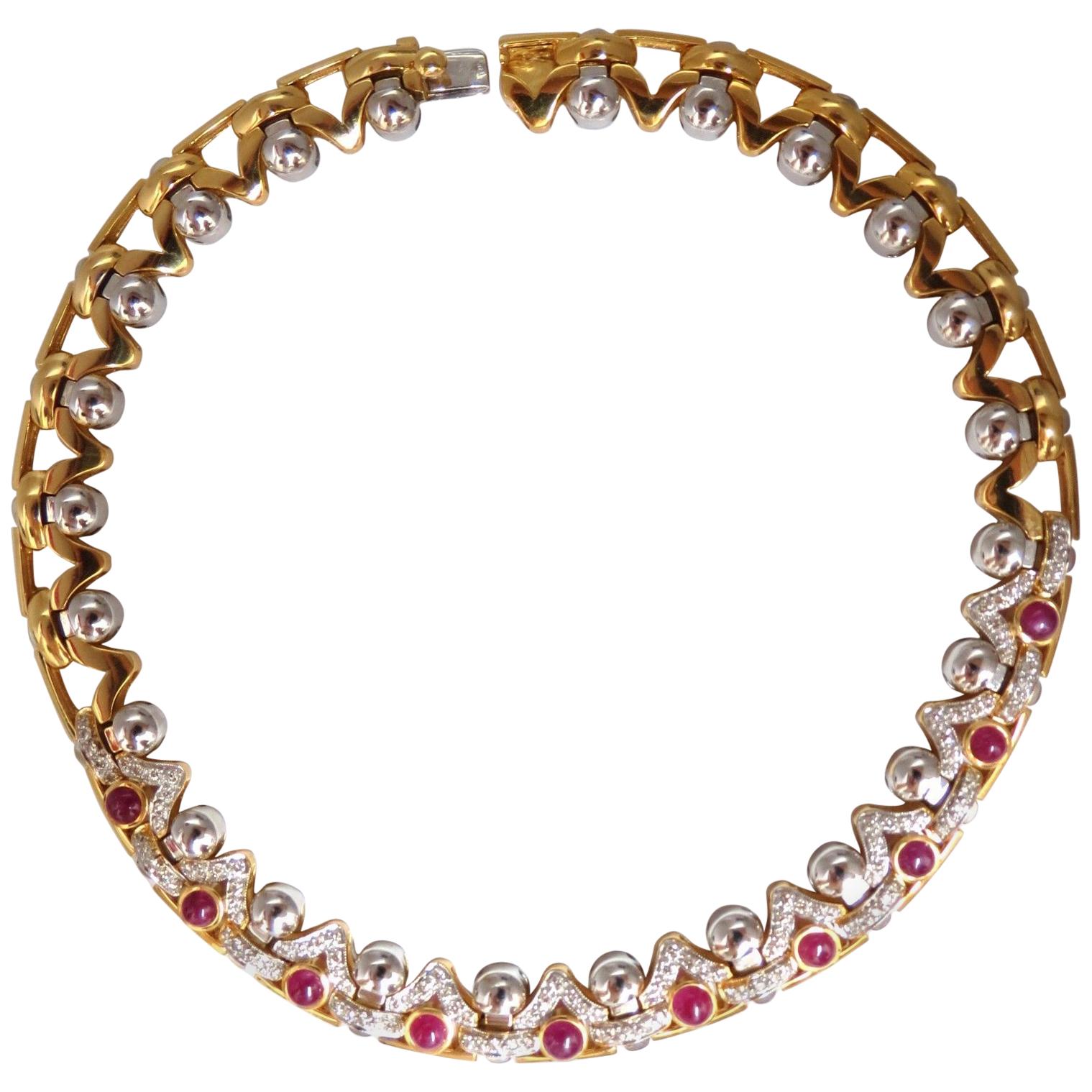 9,50 Karat natürlicher Rubin Diamanten Gliederhalskette 18 Karat Krone Deco Prime im Angebot