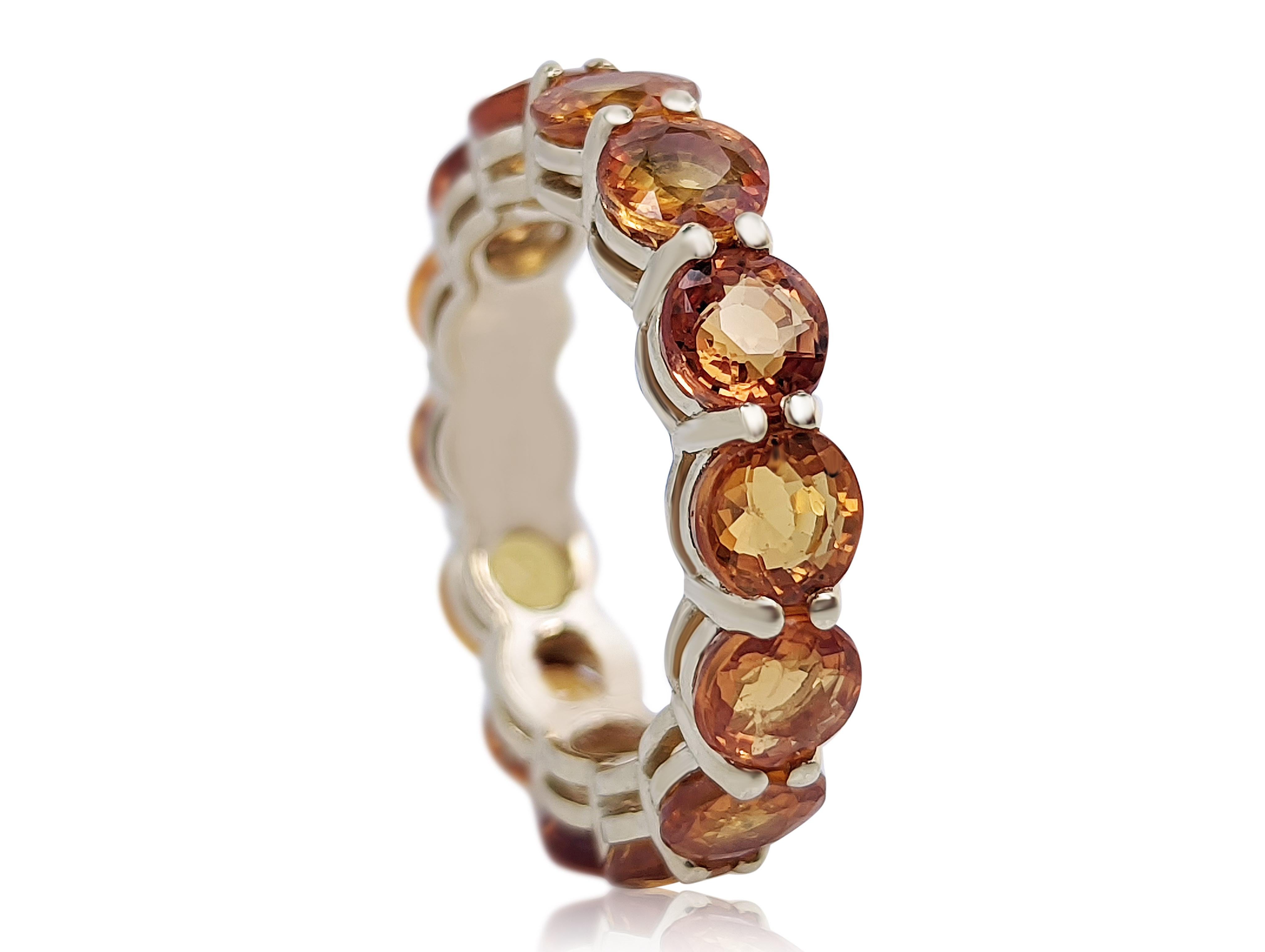 Round Cut 9.50 Carat Orange Natural Sapphire Eternity Band, 14 Kt. Yellow Gold, Ring