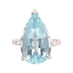 9.50 Carat Pear Shape Aqua Ring with Diamonds in 14k White Gold