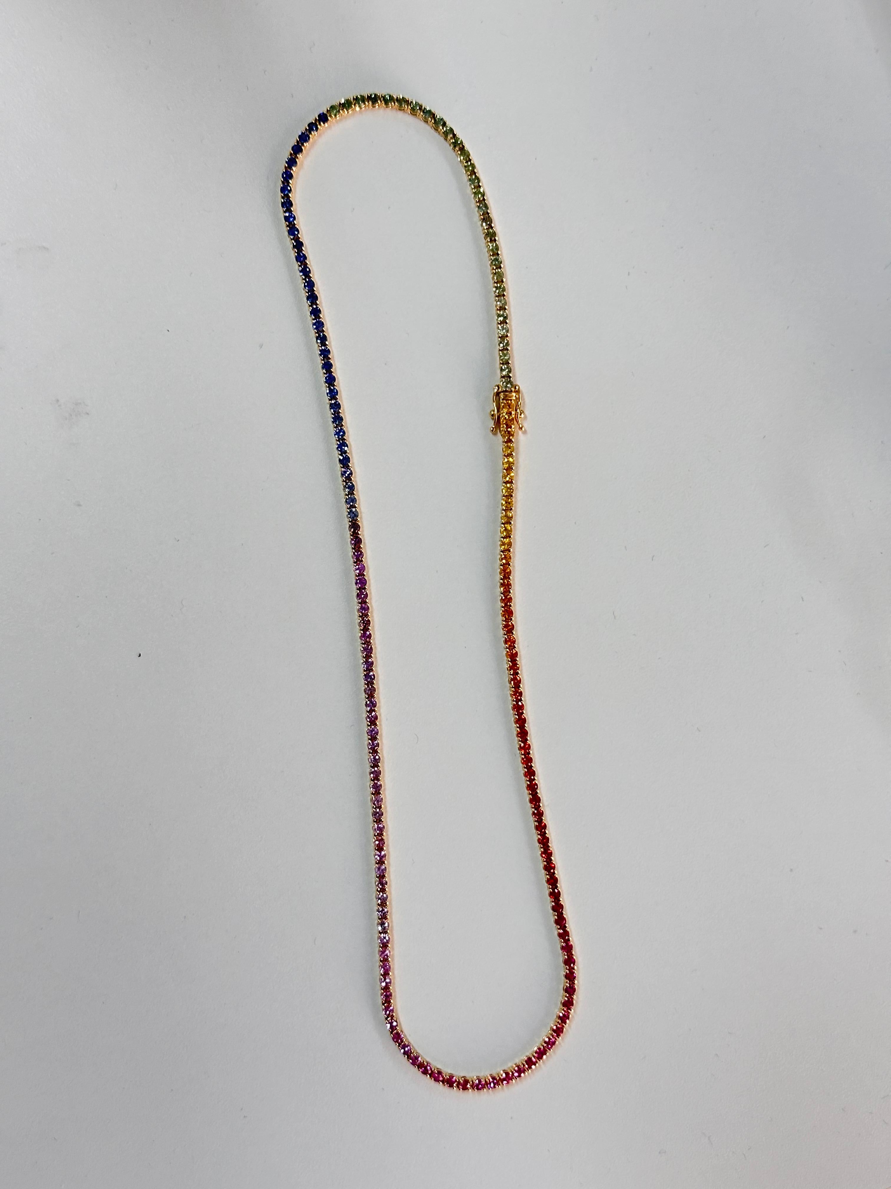 Round Cut 9.50 Carat Rainbow Multi-Sapphire Necklace in 18K Yellow Gold For Sale