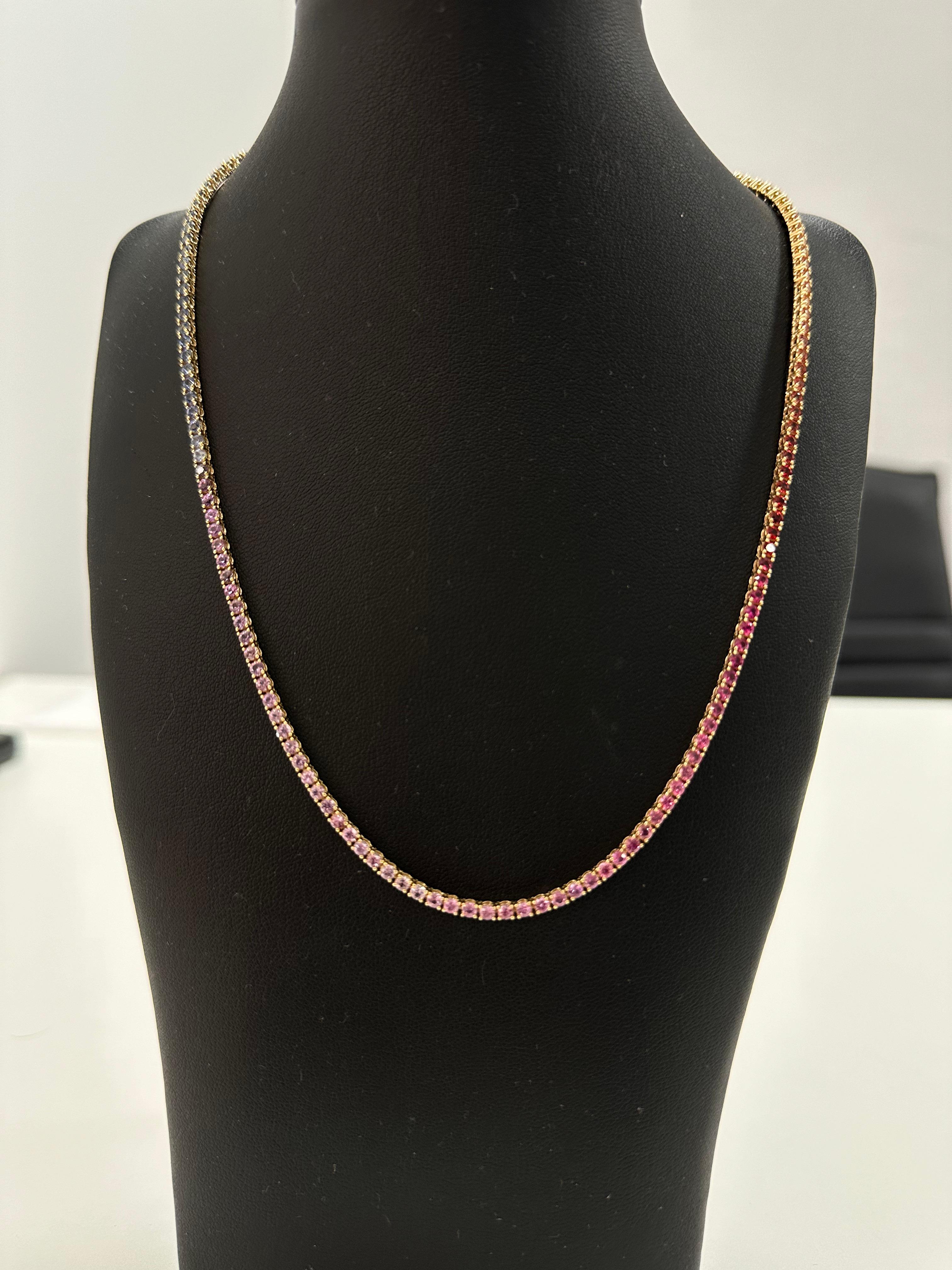 Women's or Men's 9.50 Carat Rainbow Multi-Sapphire Necklace in 18K Yellow Gold For Sale