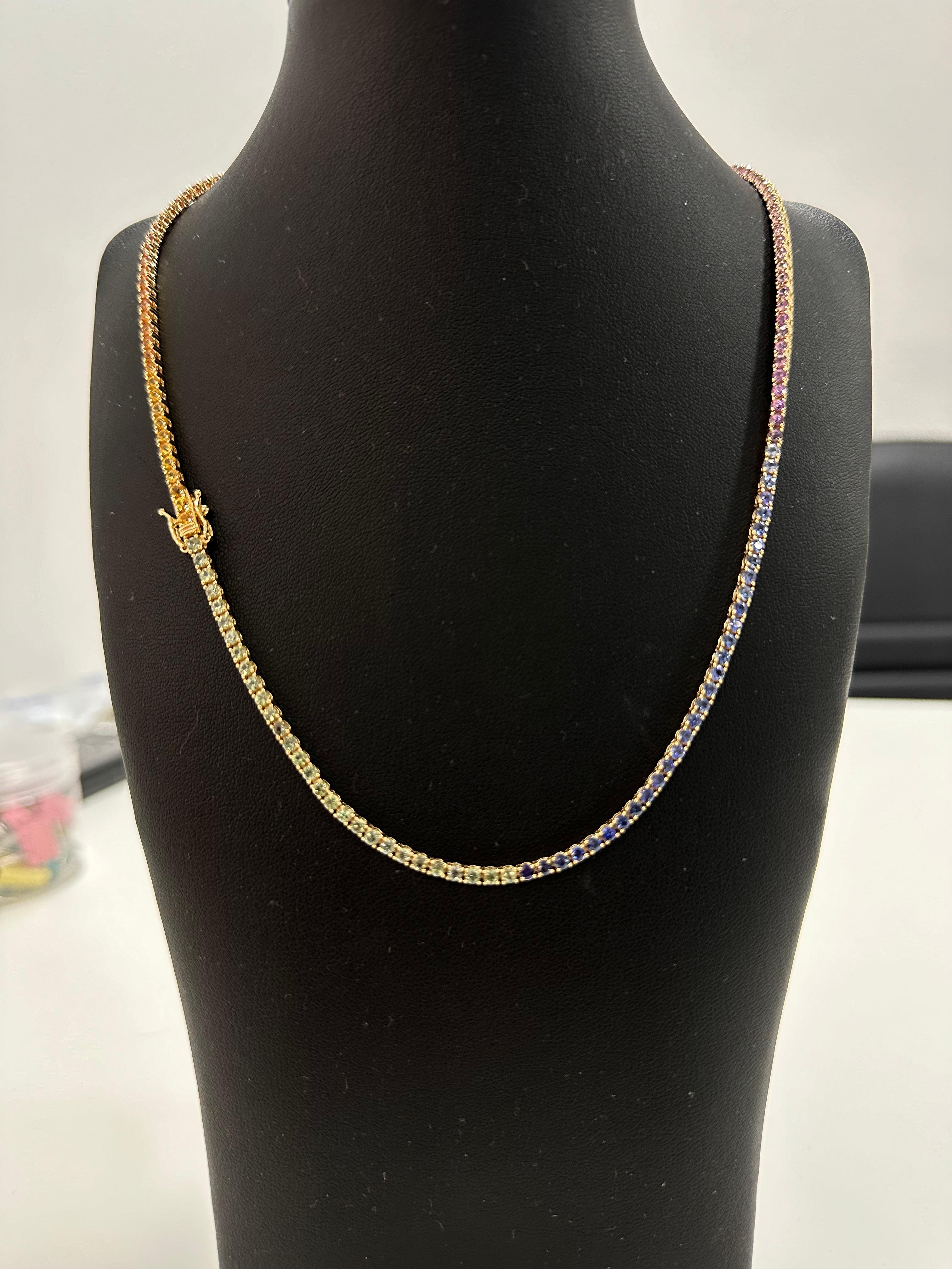 9.50 Carat Rainbow Multi-Sapphire Necklace in 18K Yellow Gold For Sale 1