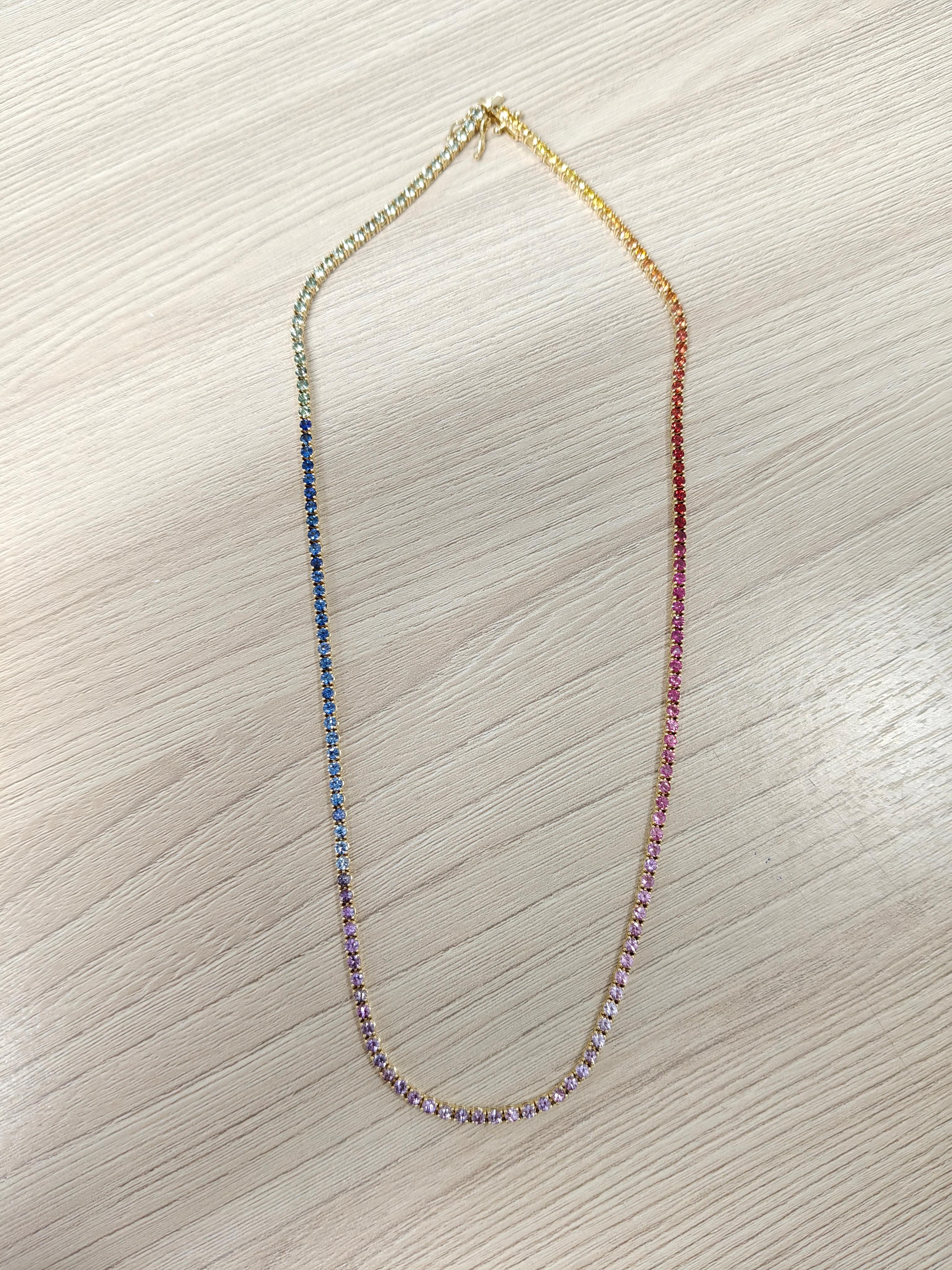 9.50 Carat Rainbow Multi-Sapphire Necklace in 18K Yellow Gold For Sale 4