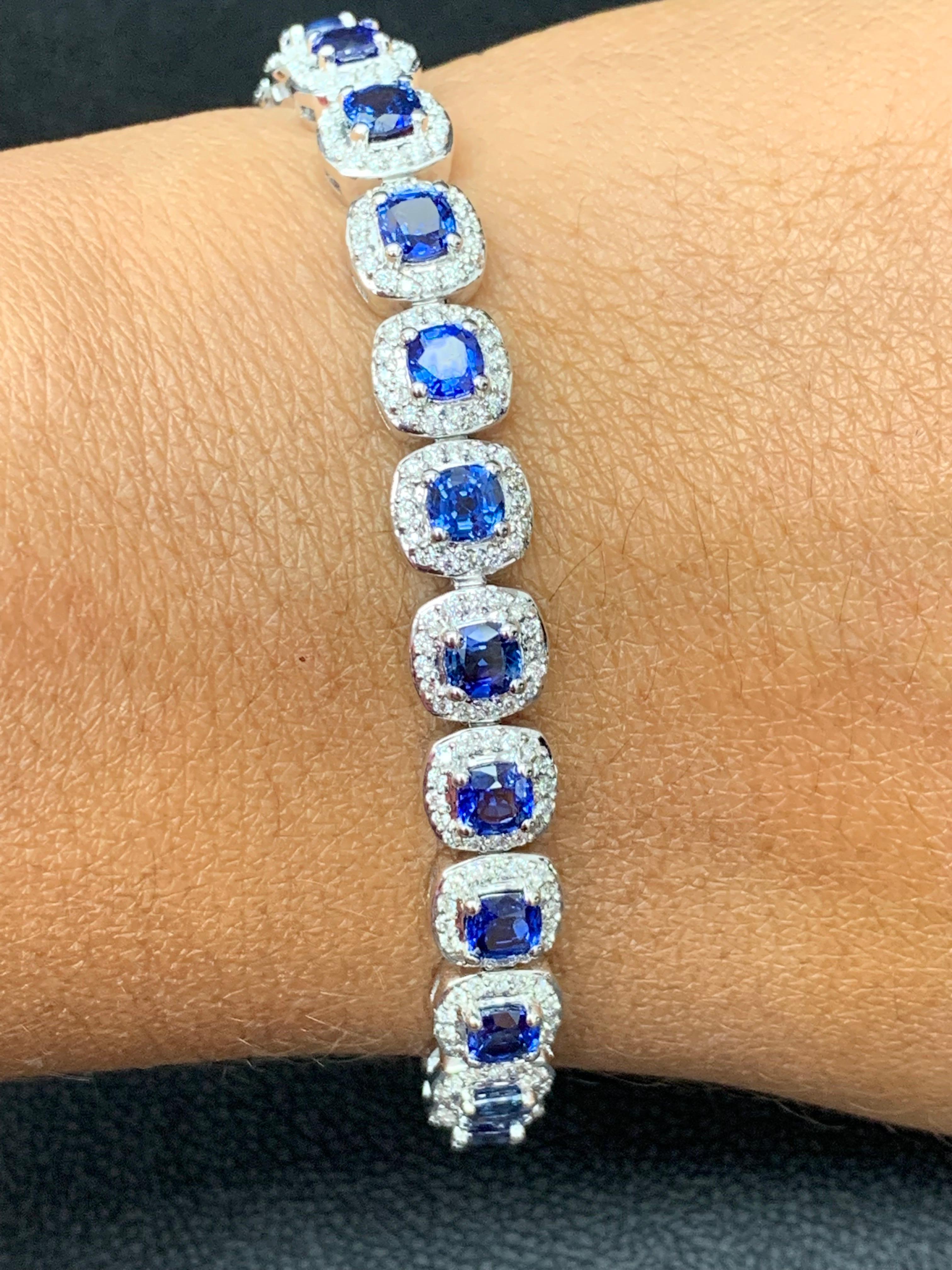 9.50 Carat Round Bluesapphire and Diamond Halo Tennis Bracelet in 14k White Gold For Sale 8