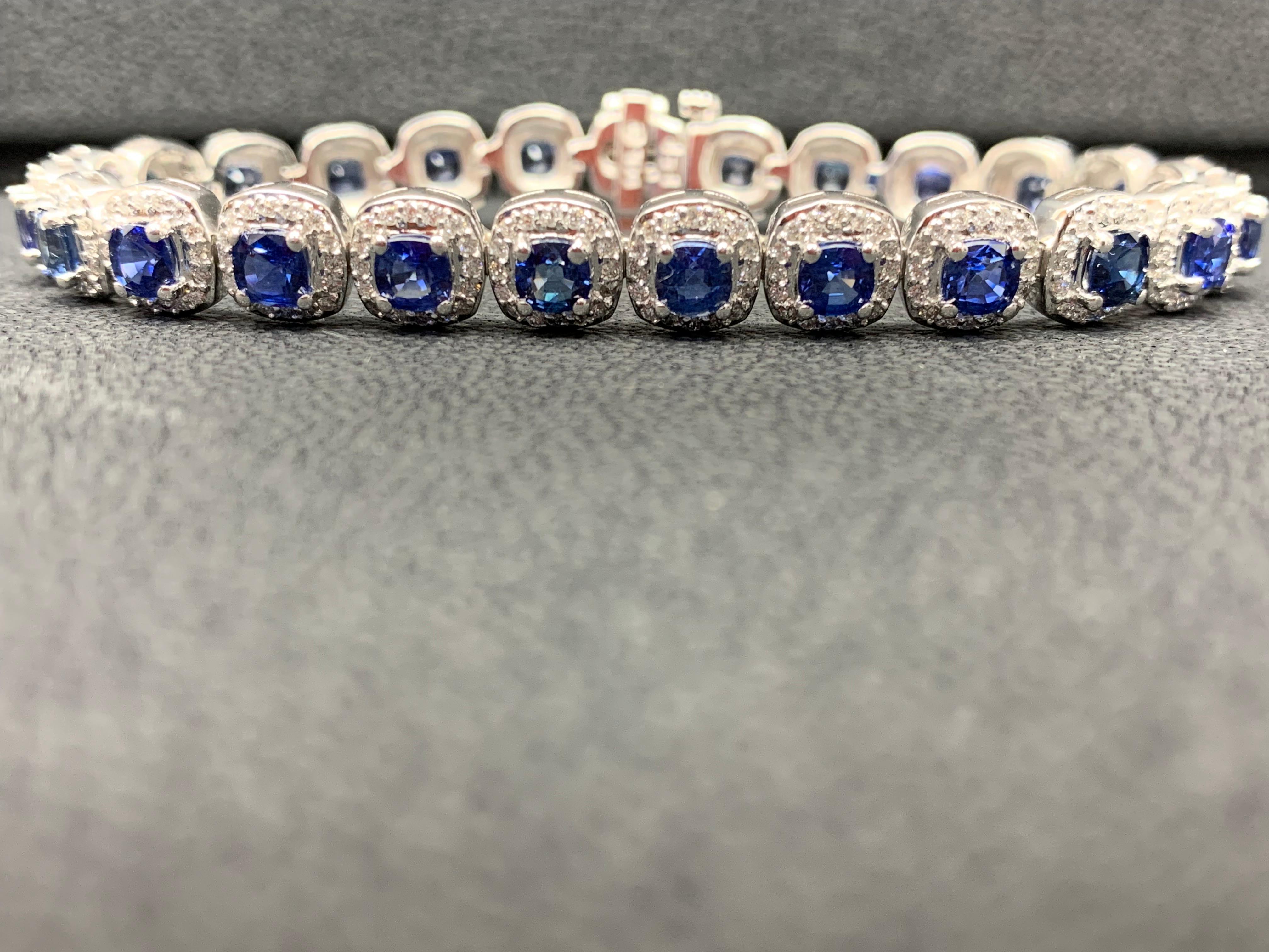 Contemporary 9.50 Carat Round Bluesapphire and Diamond Halo Tennis Bracelet in 14k White Gold For Sale