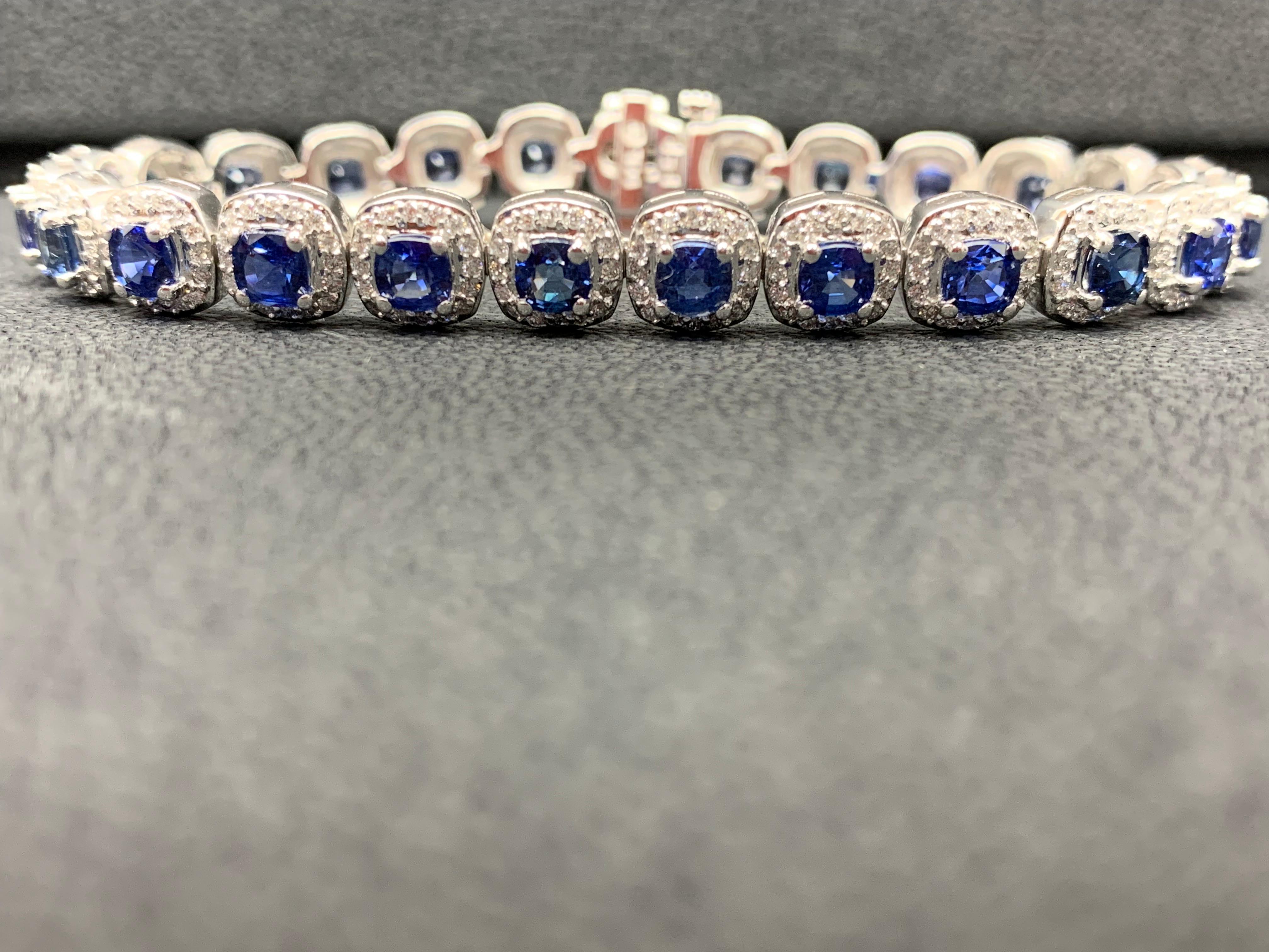 Contemporary 9.50 Carat Round Bluesapphire and Diamond Halo Tennis Bracelet in 14k White Gold For Sale