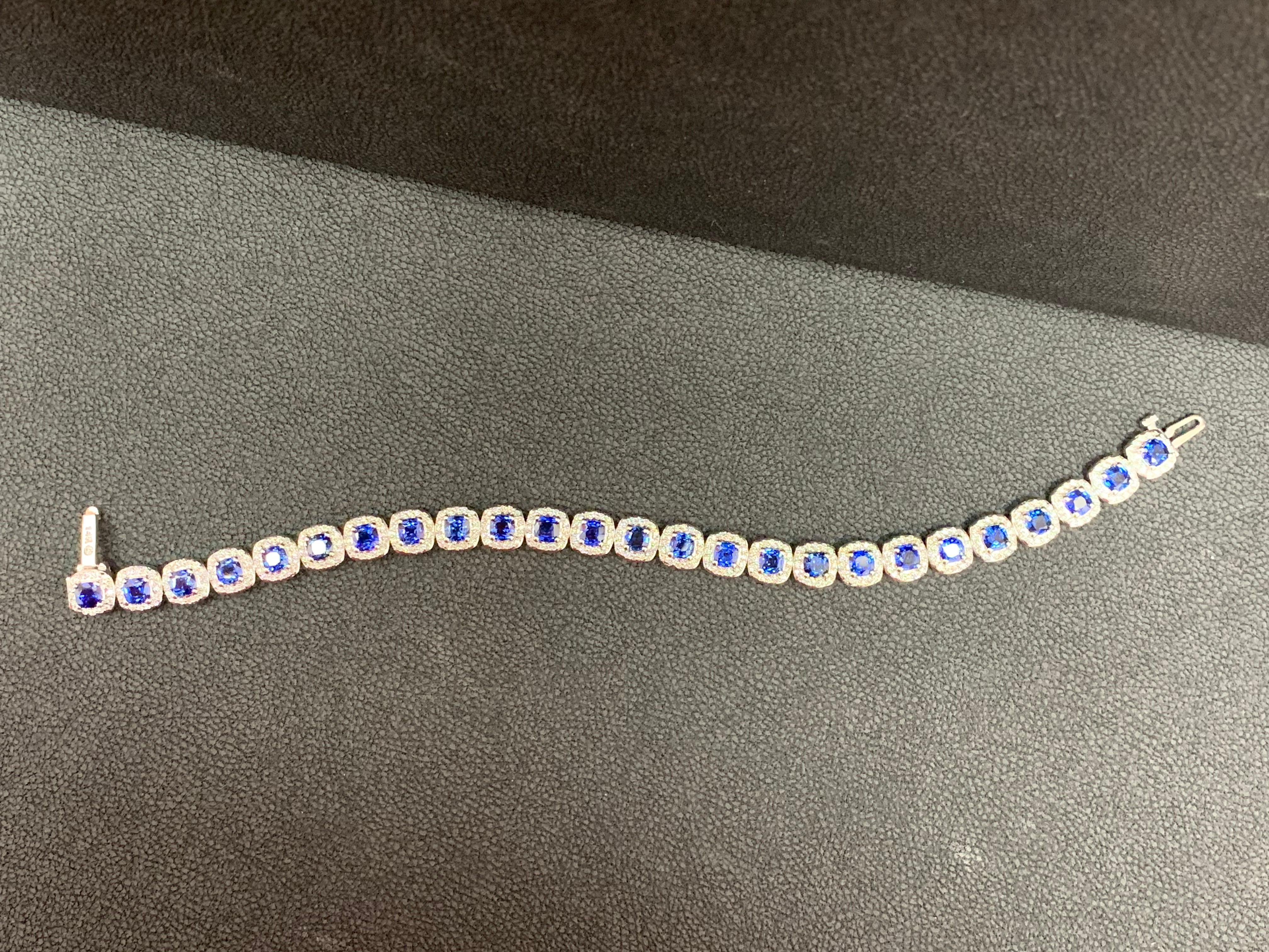 Round Cut 9.50 Carat Round Bluesapphire and Diamond Halo Tennis Bracelet in 14k White Gold For Sale