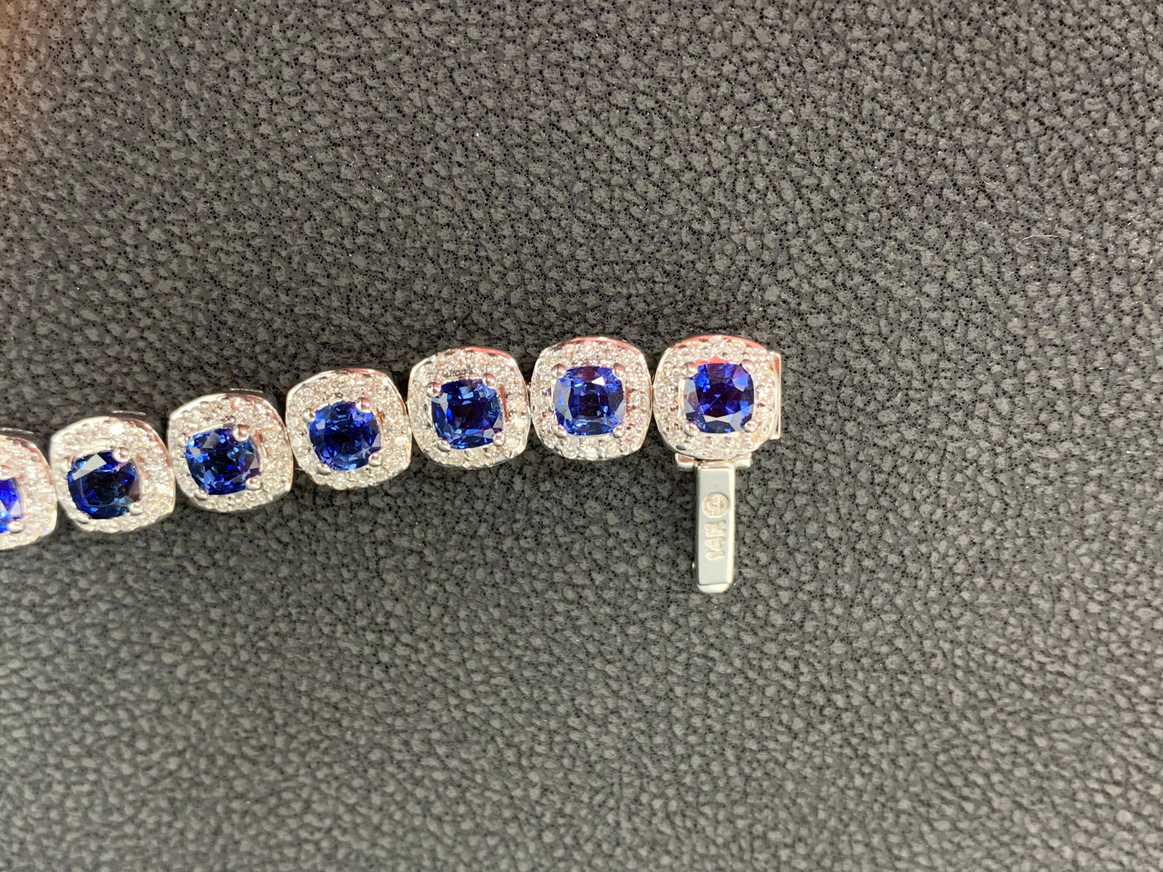 9.50 Carat Round Bluesapphire and Diamond Halo Tennis Bracelet in 14k White Gold In New Condition For Sale In NEW YORK, NY