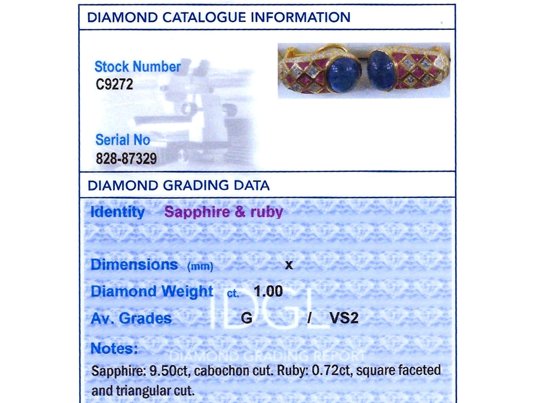 Boucles d'oreilles en or jaune 18 carats avec saphir de 9,50 carats, rubis de 0,72 carat et diamants de 1,00 carat en vente 4