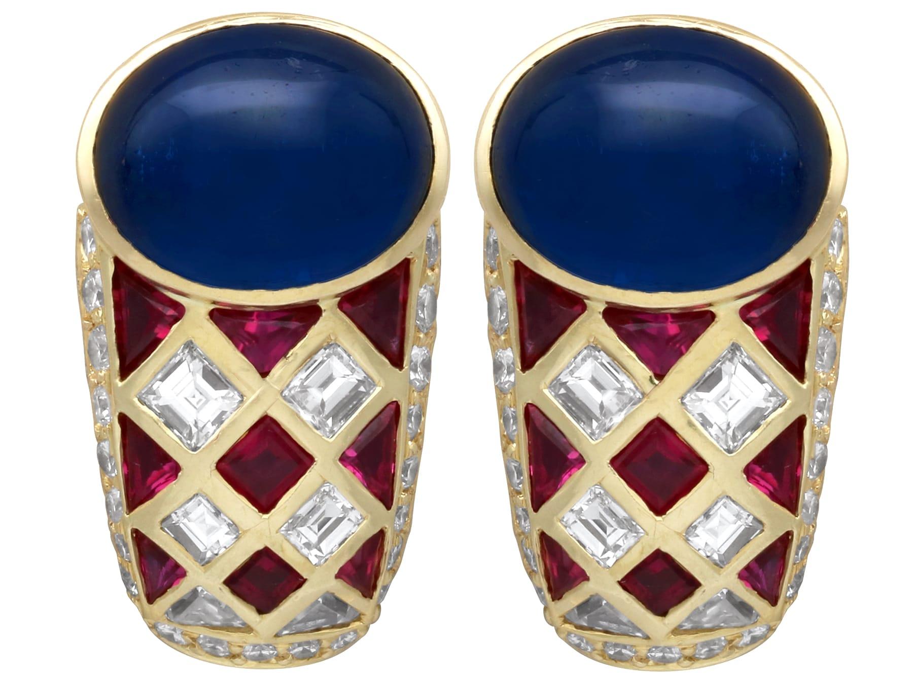 9.50 Carat Sapphire 0.72 Carat Ruby 1.00 Carat Diamond 18k Yellow Gold Earrings