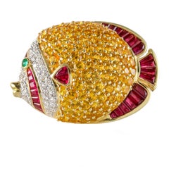 9.50 Carat Yellow Sapphire, Ruby and Diamond 18 Karat Yellow Gold Fish Brooch