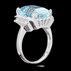 9.50 Carats Natural Aquamarine and Diamond 14K Solid White Gold Ring