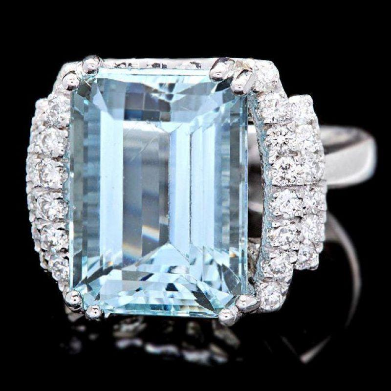 Mixed Cut 9.50 Carats Natural Aquamarine and Diamond 14K Solid White Gold Ring For Sale