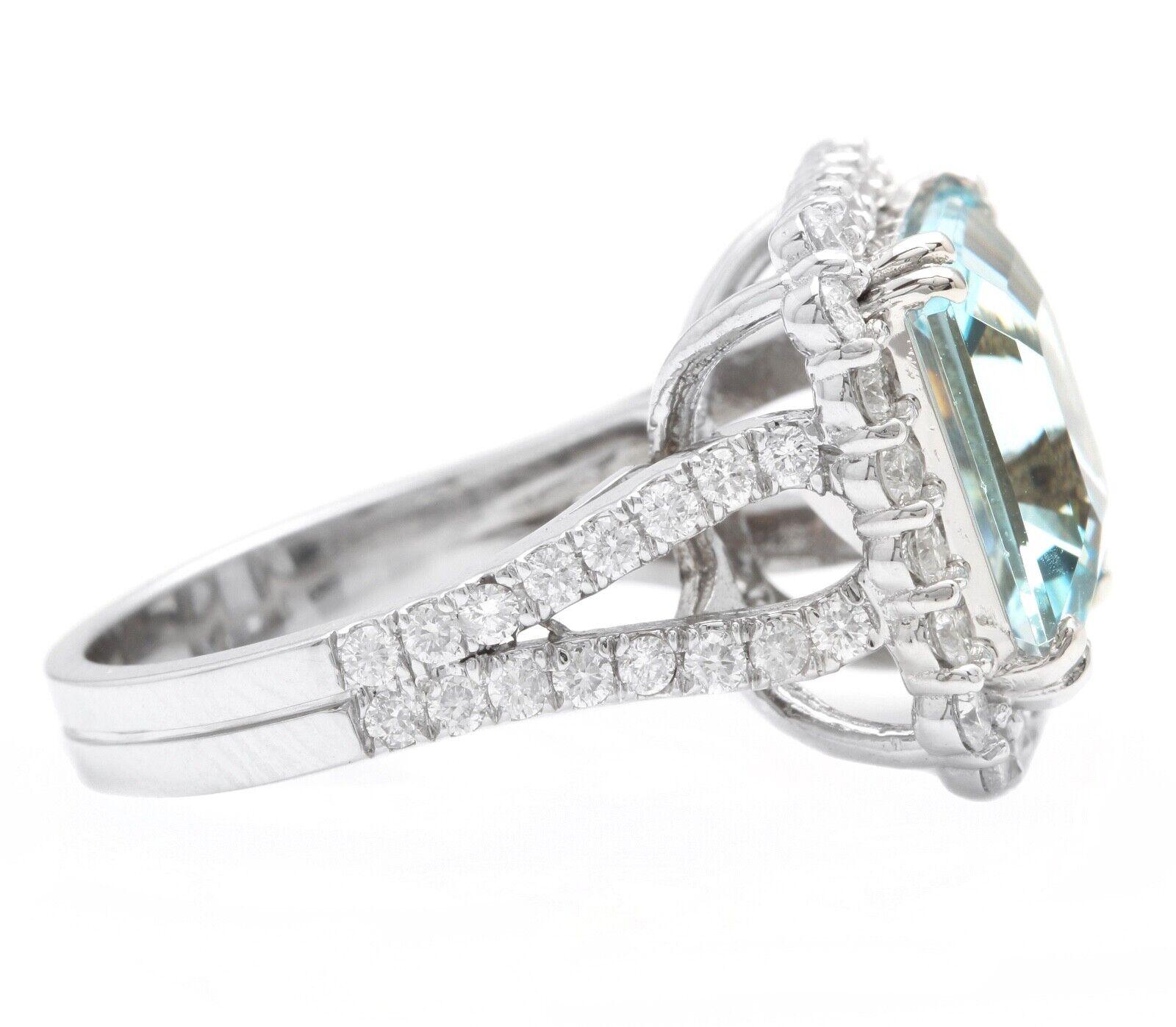Mixed Cut 9.50 Carats Natural Aquamarine and Diamond 14k Solid White Gold Ring For Sale