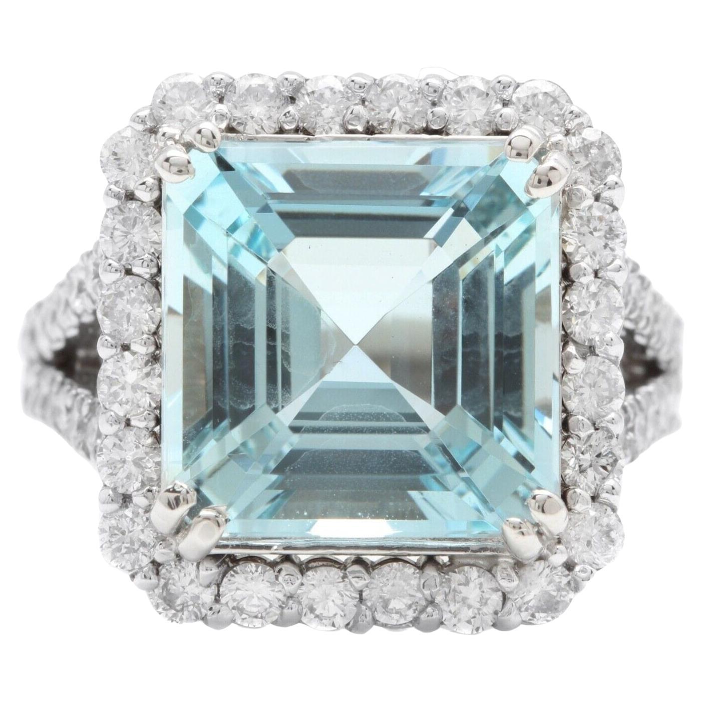 9.50 Carats Natural Aquamarine and Diamond 14k Solid White Gold Ring