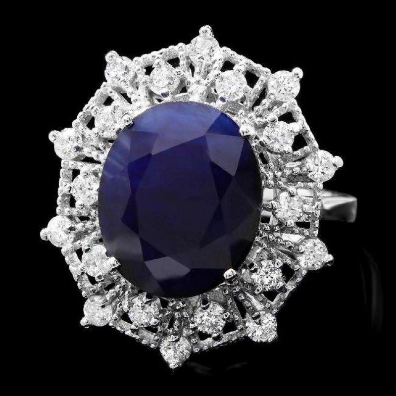 Mixed Cut 9.50 Carats Natural Blue Sapphire and Diamond 14K Solid White Gold Ring For Sale