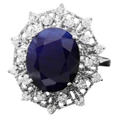 14 Karat massiver Weißgold-Ring mit 9,50 Karat natürlichem blauen Saphir und Diamant