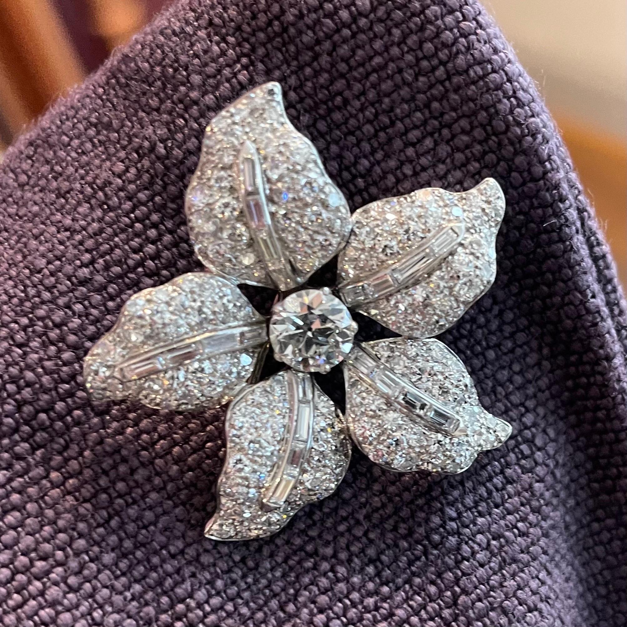 950 Platinum and Diamond Flower Clip Brooch, circa 1950 1