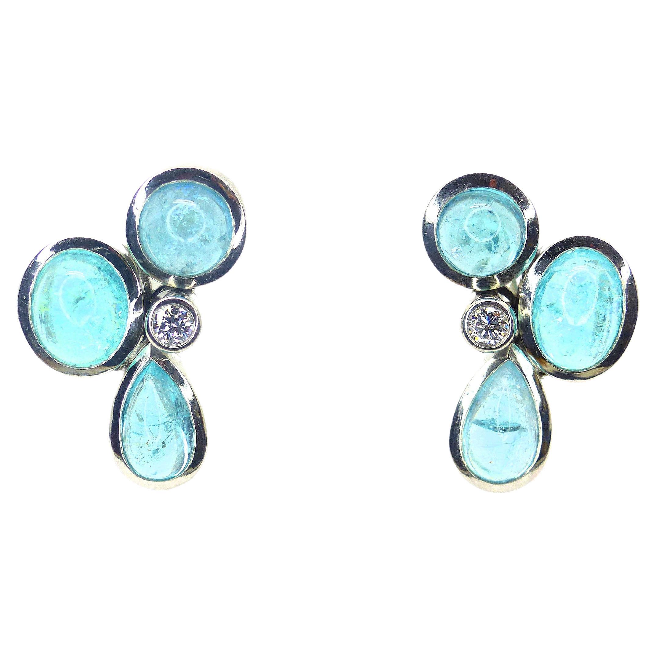 Earrings in Platinum with 6 Paraiba Tourmaline Cabouchons and 2 Diamonds For Sale