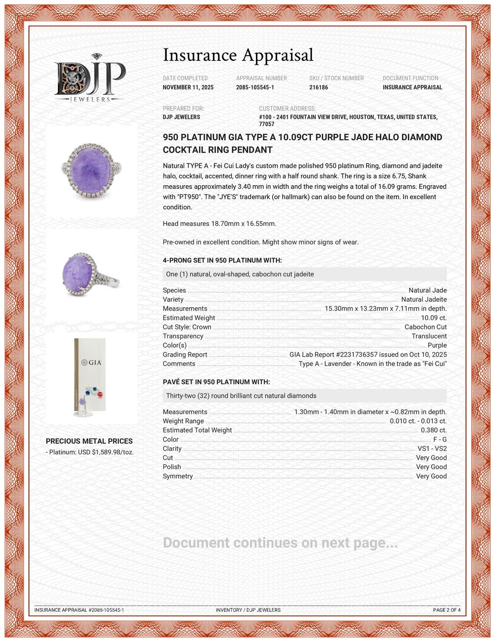 Colgante Anillo Cóctel Platino 950 Gia Tipo a 10.09ct Jade Púrpura Halo Diamante en venta 6