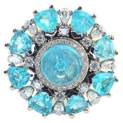 Ring in Platinum with 1 green Paraiba Tourmaline Cabouchon and 8 Paraibas fac.