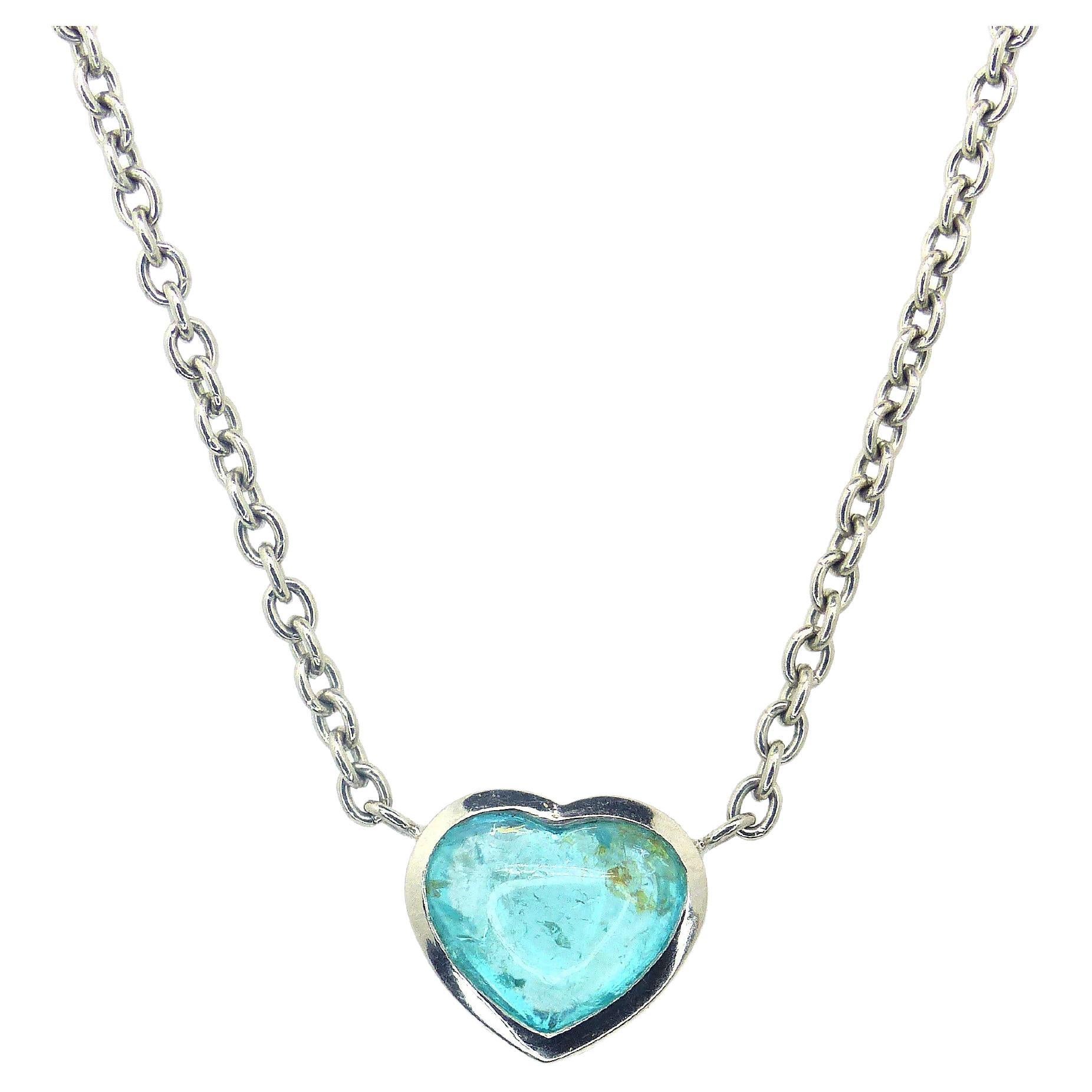 Necklace in Platinum with 1 blue/green Paraiba Tourmaline Cabouchon Heart. For Sale