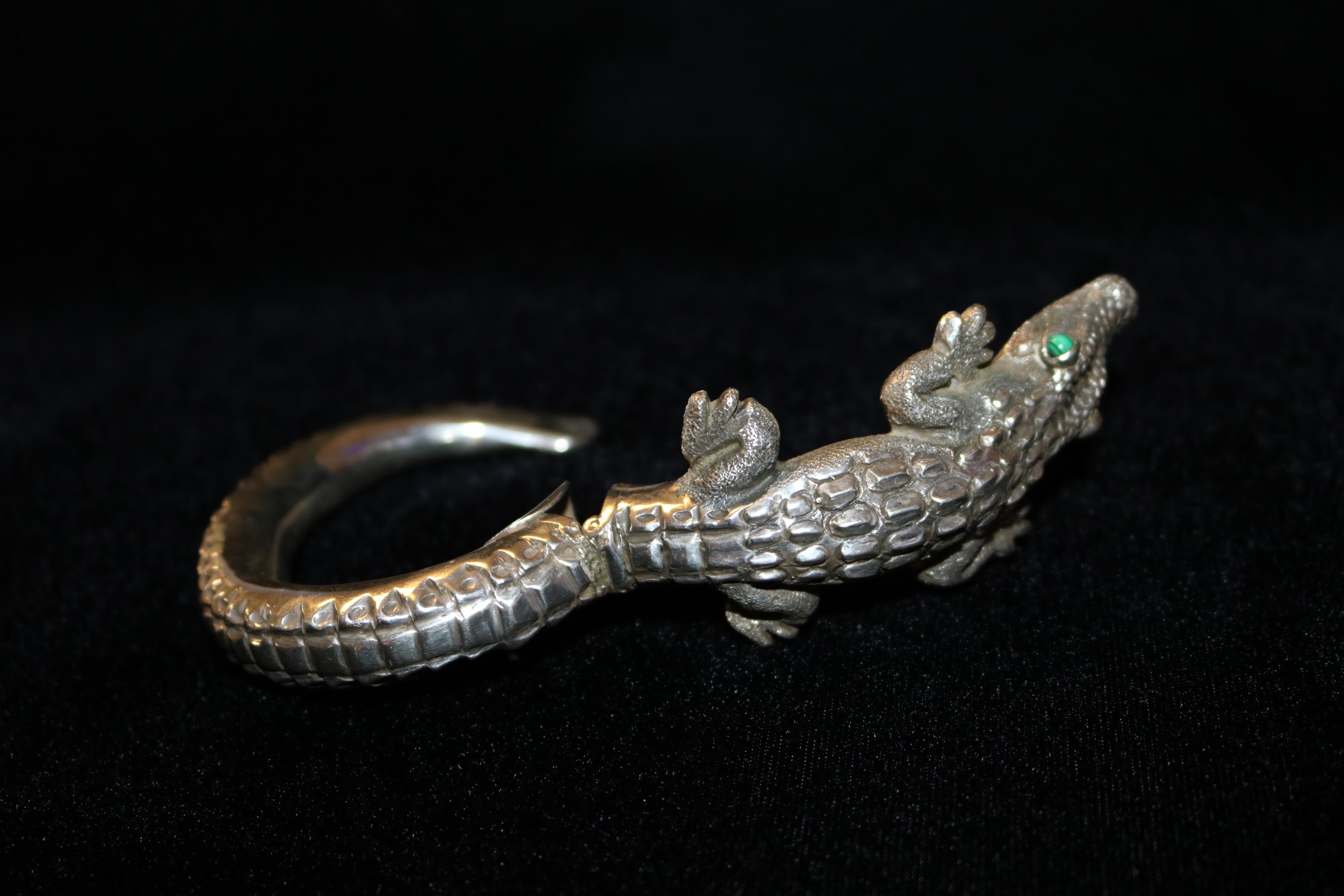Modern 950 Silver Alligator Wrap a Round Bangle Bracelet For Sale