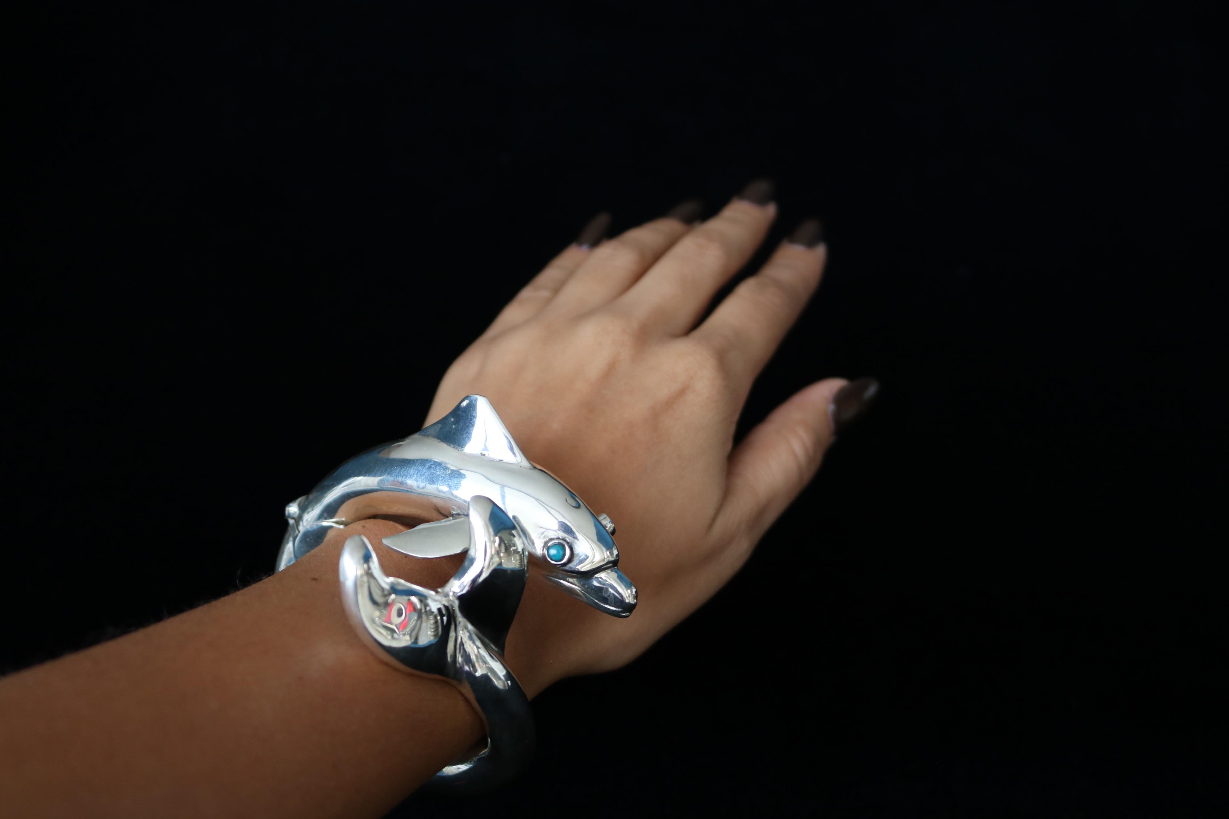 Modern 950 Silver Dolphin Wrap a Round Bangle Bracelet For Sale