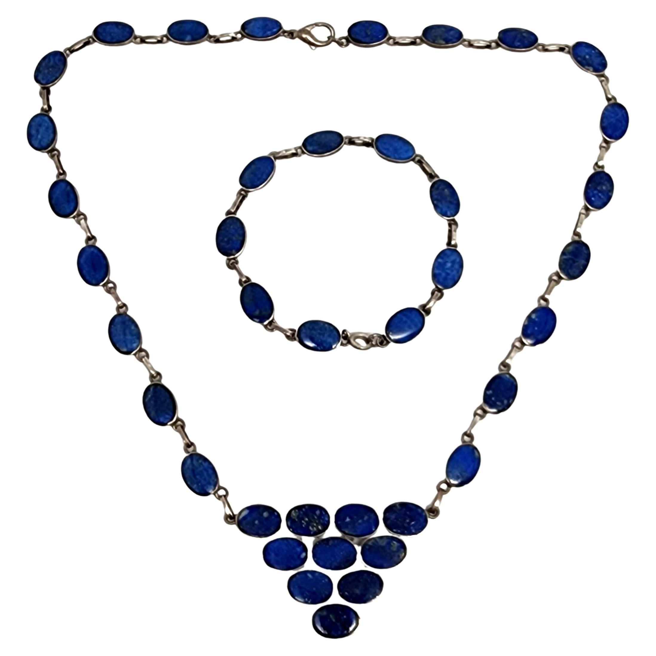 950 Silver Lapis Lazuli Pyramid Necklace & Bracelet Set #13370 For Sale
