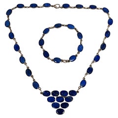Vintage 950 Silver Lapis Lazuli Pyramid Necklace & Bracelet Set #13370