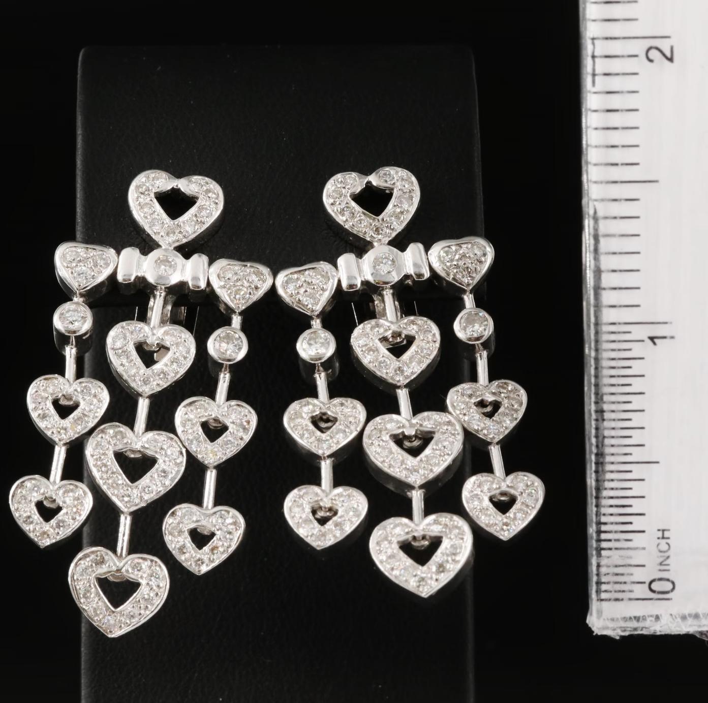Round Cut $9500 / New / Italy / 2.65 Ct Diamond Hearts Love Earrings / 18K Gold 24.7 Grams For Sale