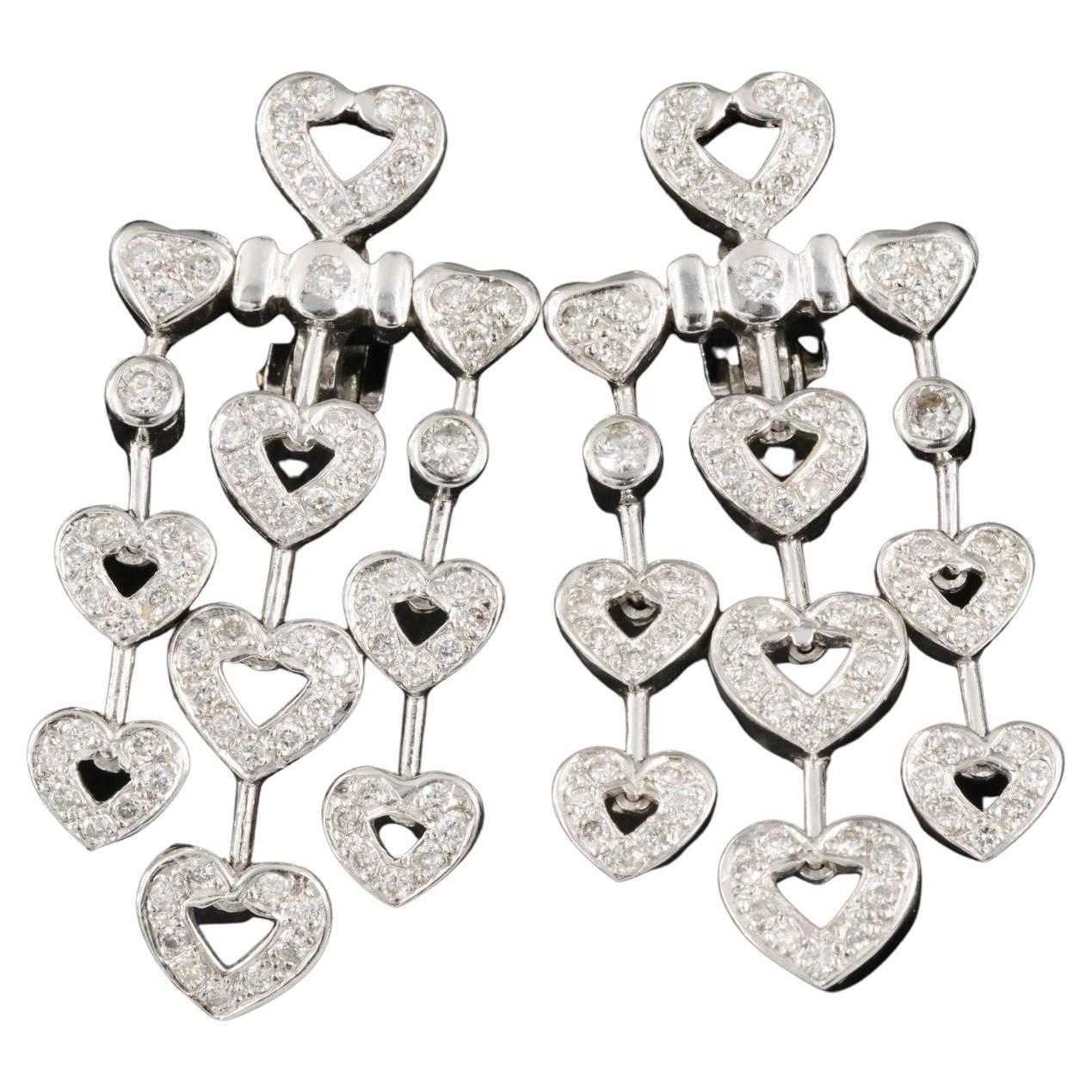 $9500 / New / Italy / 2.65 Ct Diamond Hearts Love Earrings / 18K Gold 24.7 Grams