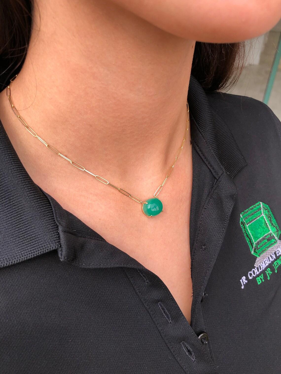 9.50ct Dark Green Colombian Emerald Cabochon Paper Clip Necklace Natural 14K In New Condition For Sale In Jupiter, FL