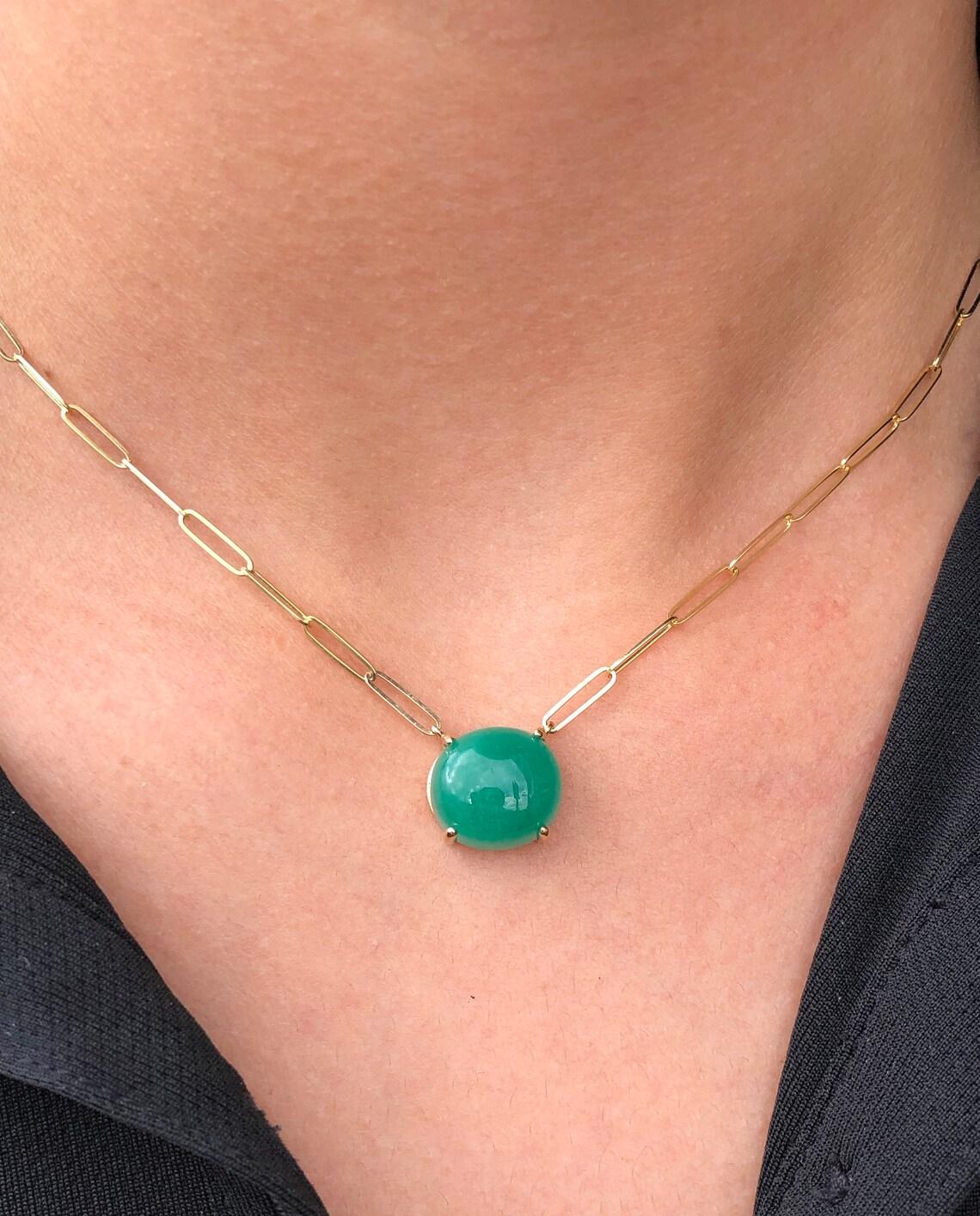 9.50ct Dark Green Colombian Emerald Cabochon Paper Clip Necklace Natural 14K For Sale 1