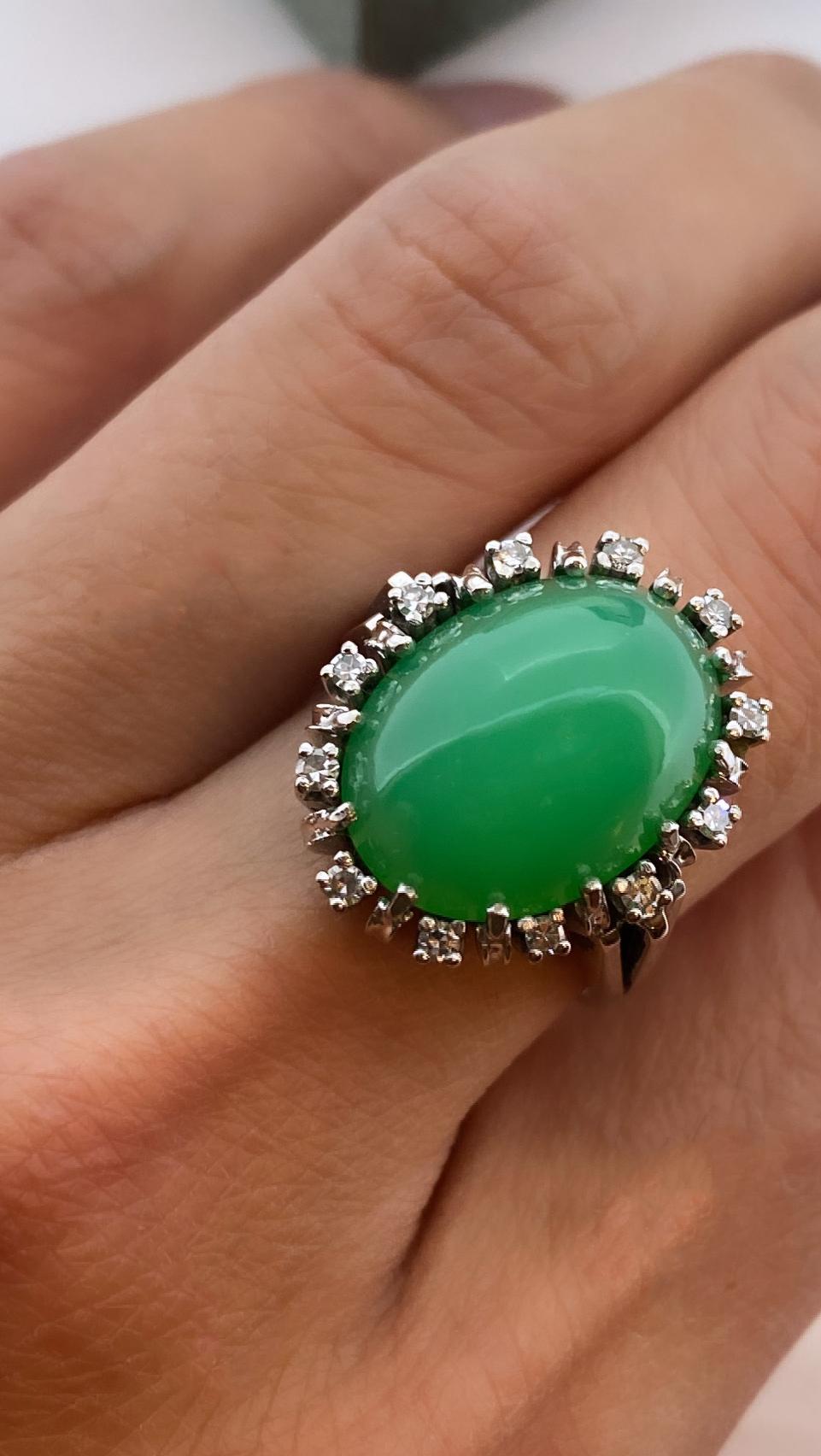 De las mujeres Crisoprasa natural de 9,50 ct y diamante Anillo vintage hecho a mano en oro blanco de 14 quilates en venta